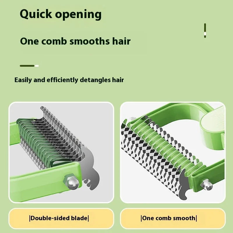 Green and grey dog grooming comb with plastic handle and stainless steel teeth for unknotting