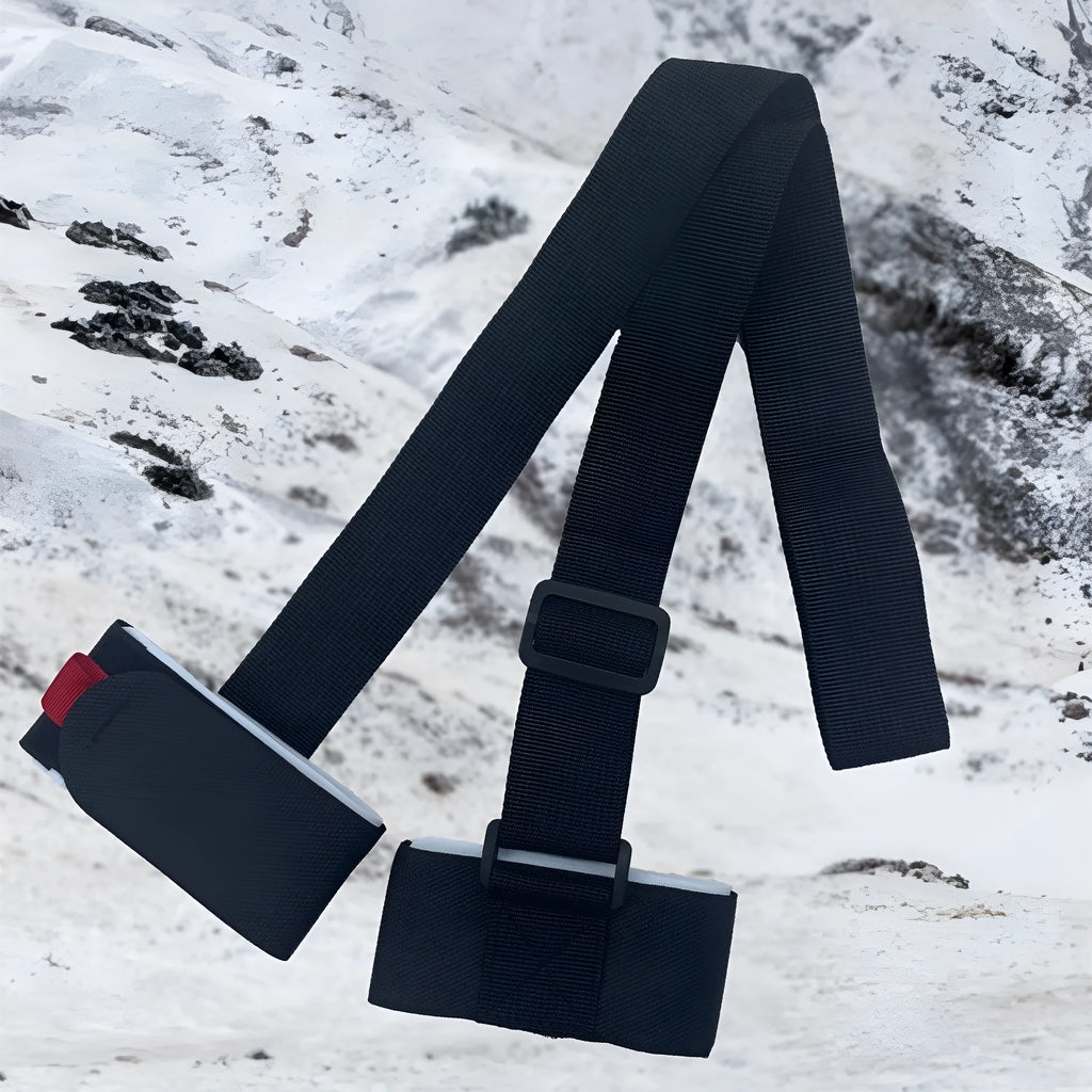 Adjustable hook and loop shoulder strap for a portable sled, shown in multiple colour options.