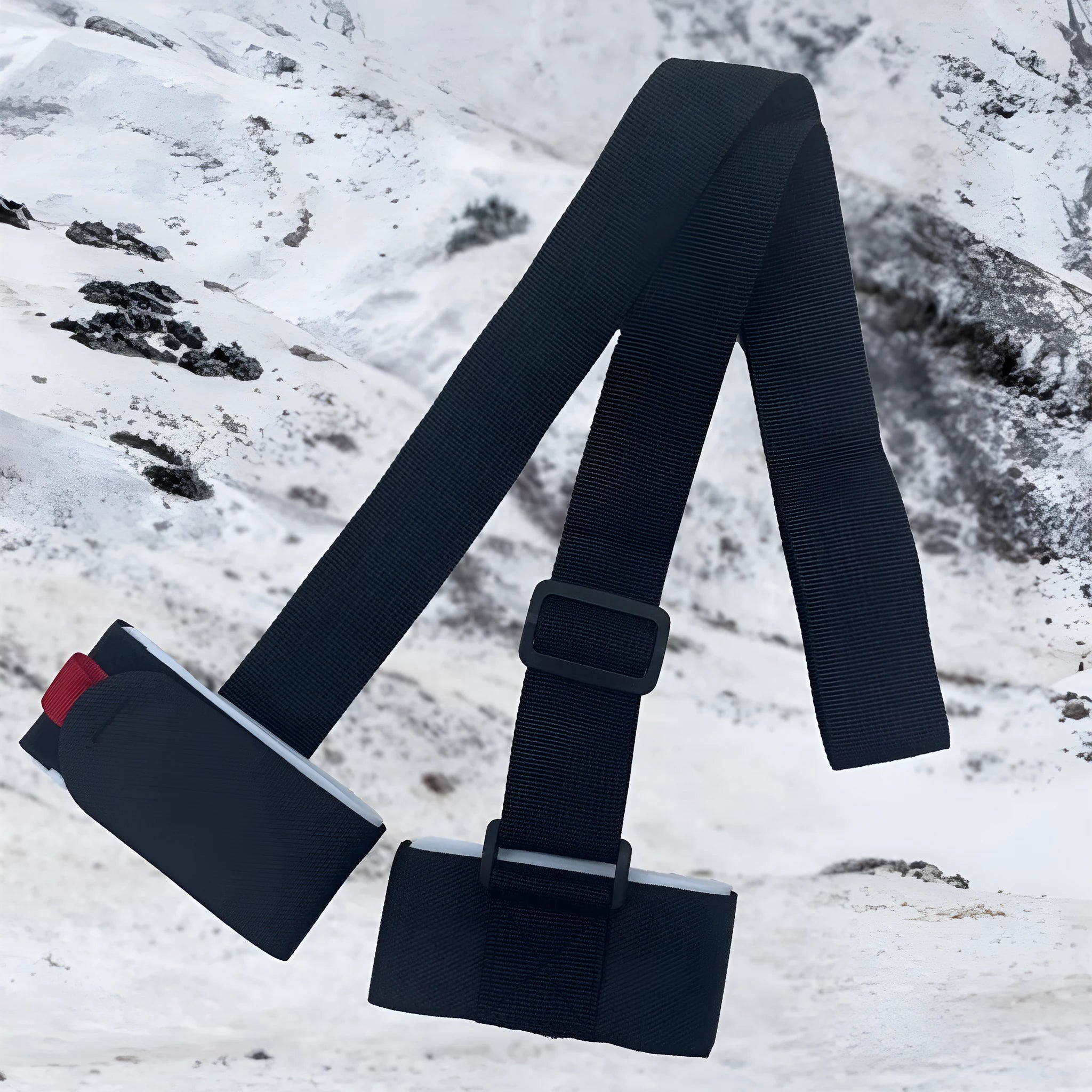 Adjustable hook and loop shoulder strap for a portable sled, shown in multiple colour options.