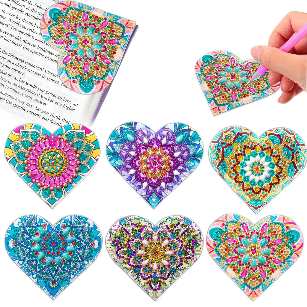 Six handmade PU leather bookmarks with stick-on crystal flowers in cornerite designs