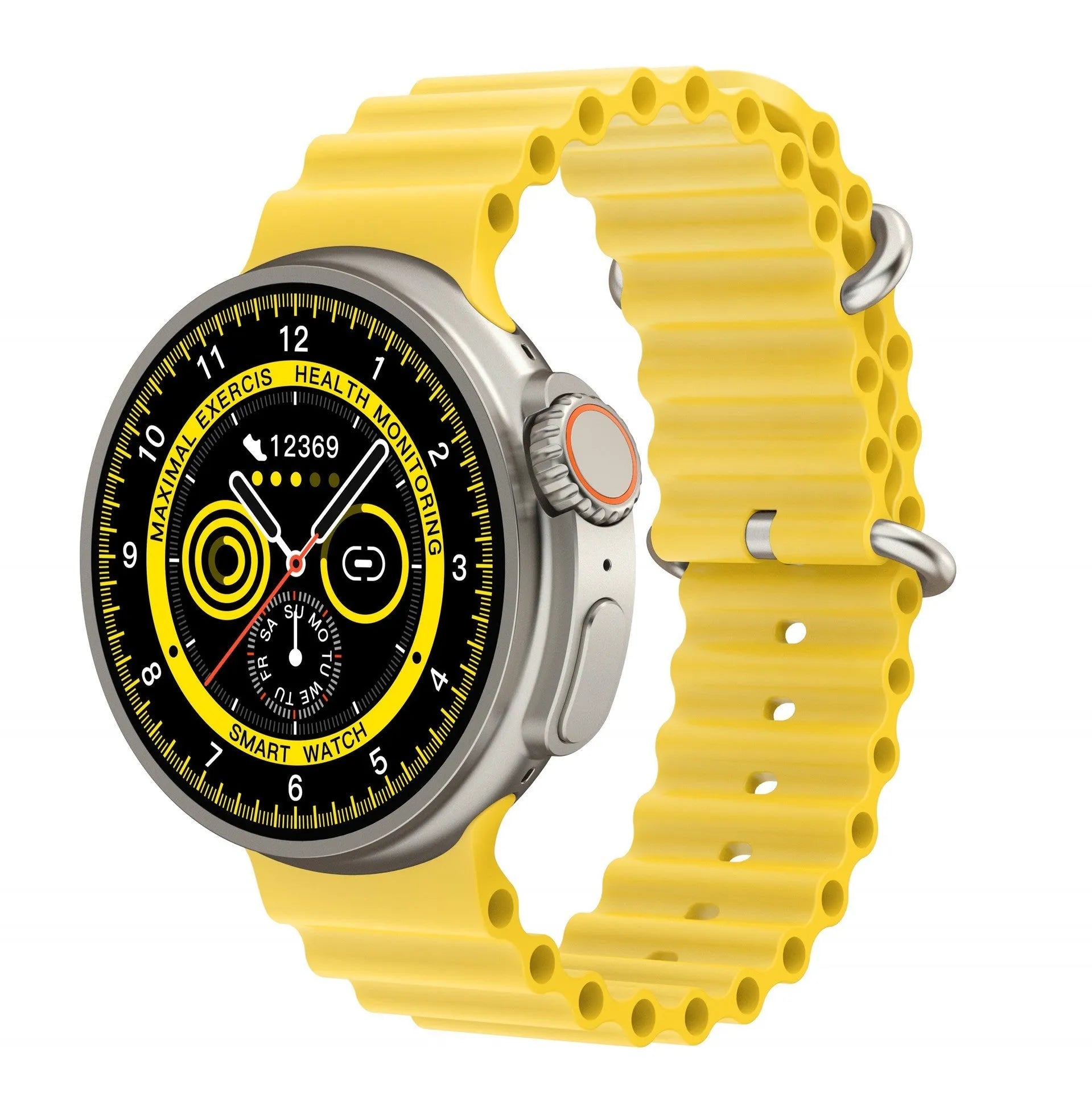 K9 smart watch with round screen and silicone strap showing health stats on display