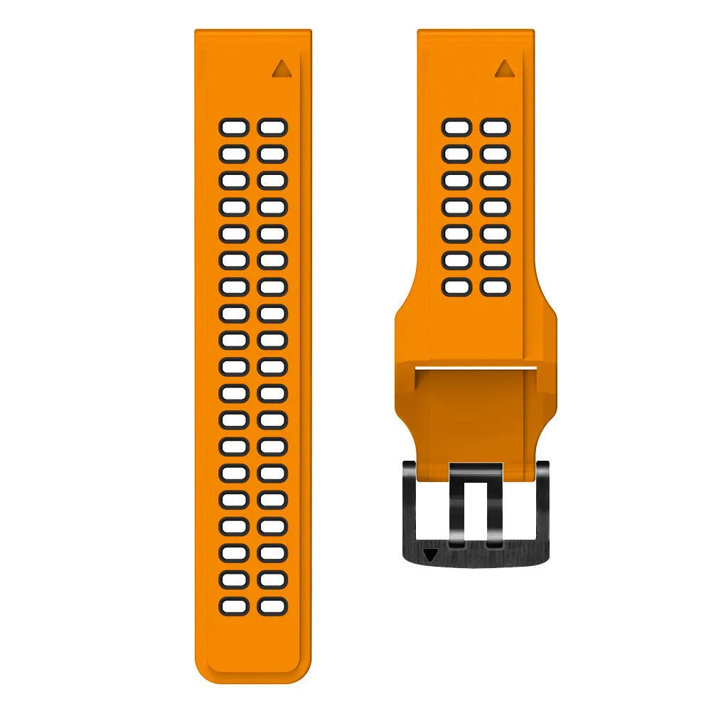 Two-tone quick-release silicone watch strap with pin buckle in black and orange colour