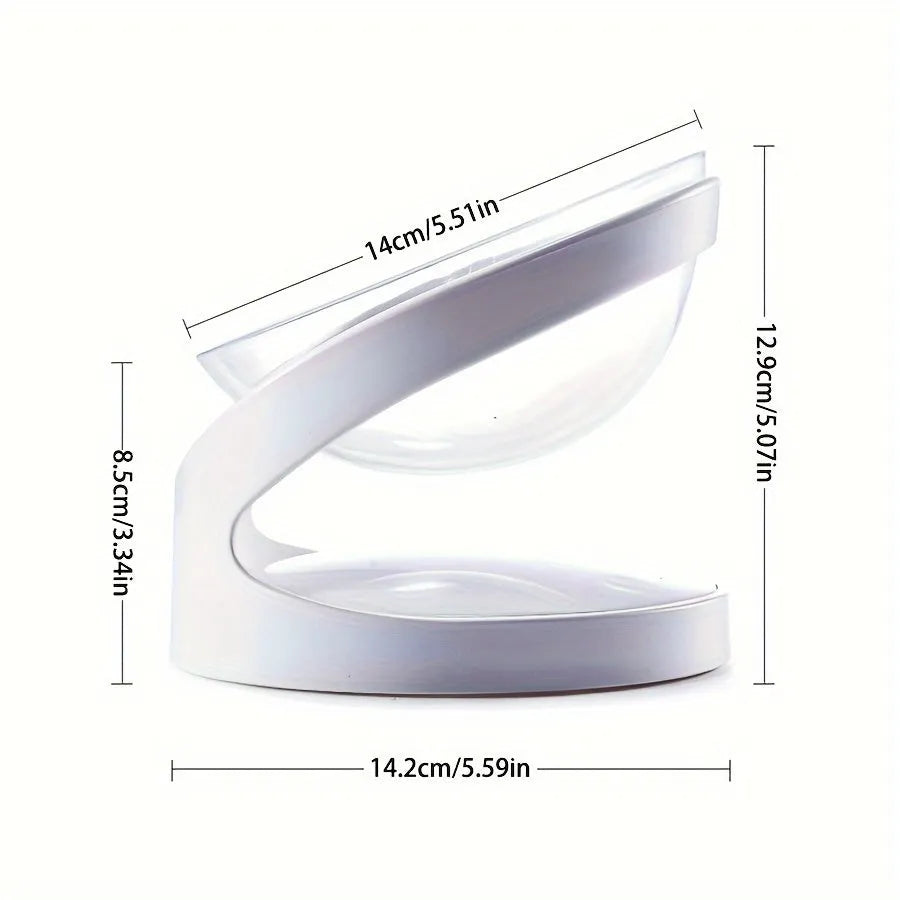 Clear plastic tilted cat food dish on a 7cm tall white plastic elevated base.
