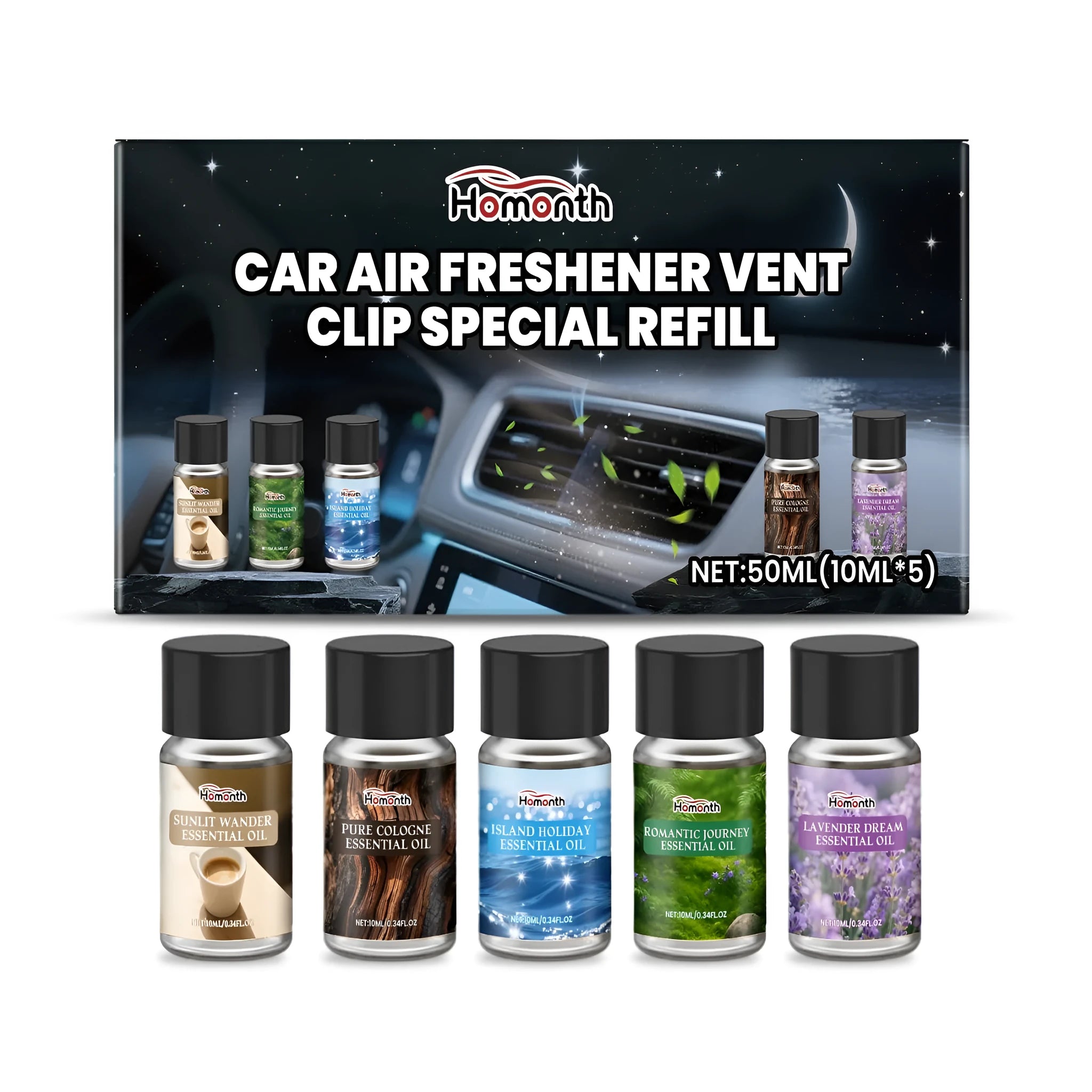 Car air freshener refill kit with five small 10ml bottles of different scented oils