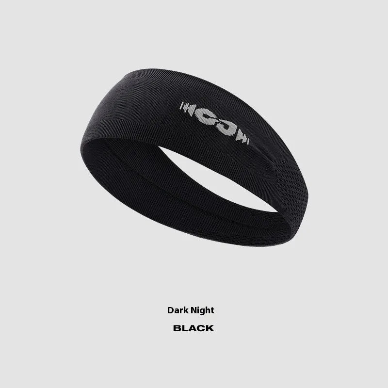 Classic black seamless knitted sports headband for men and women, laid flat.