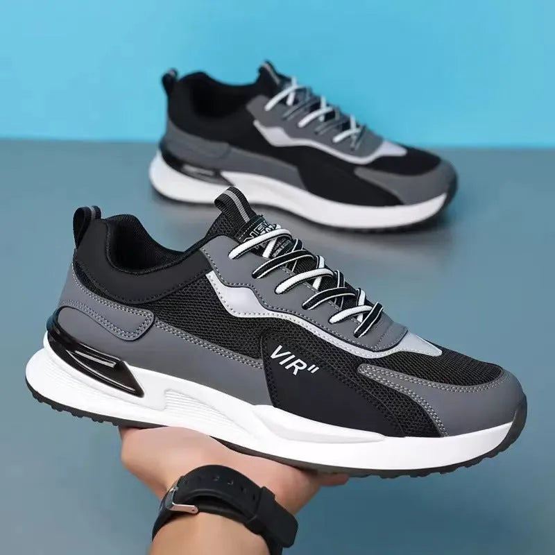 Men's colour block mesh sneakers with lace-up design and round toe for running and sports