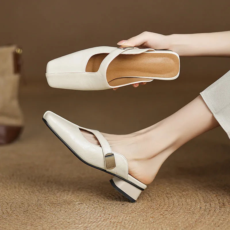 Square-toe casual slipper with low heel in beige, showing artificial PU upper and rubber sole.