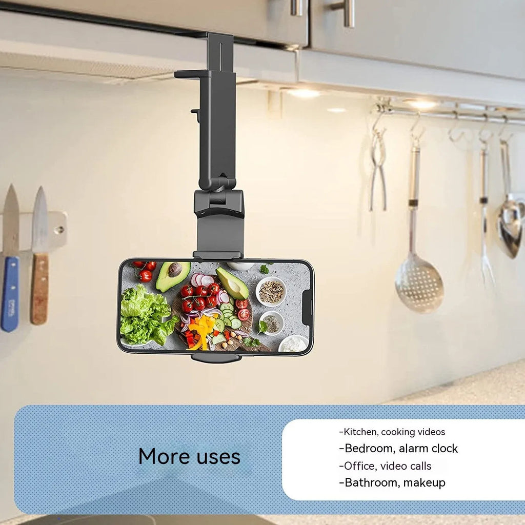 Foldable rotating universal phone holder in black, grey, or green colour showing its adjustable clamp and legs.