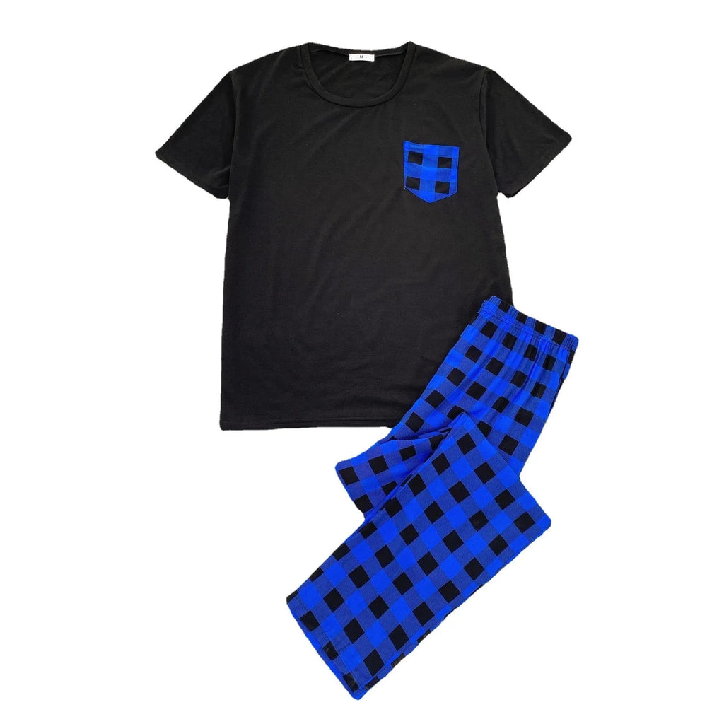 Men's black polyester short-sleeved pyjama set with long pants on a plain background