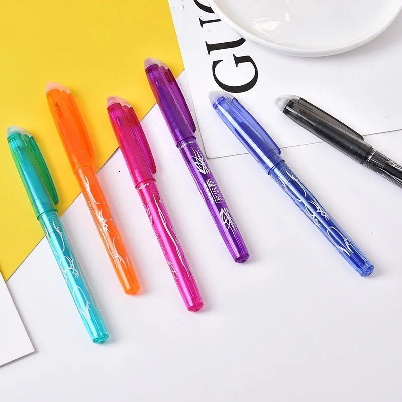 A set of heat-erasable gel pens with plastic bodies and stainless steel nibs, showing 0.5mm and 0.7mm options.