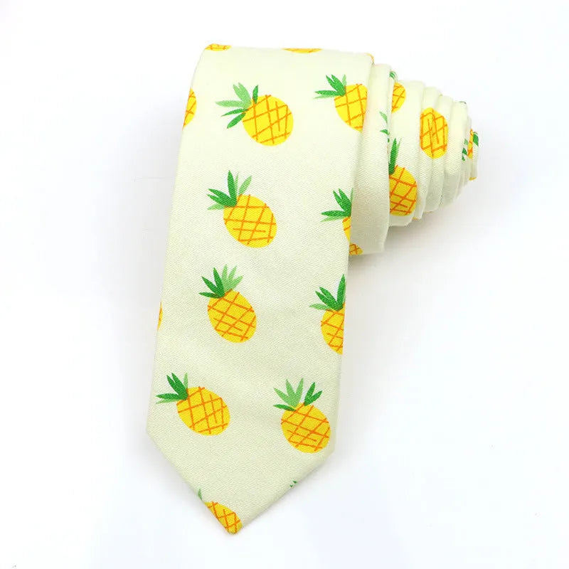 Korean style narrow men's cotton bow tie with a cartoon print pattern on an adjustable neck band.