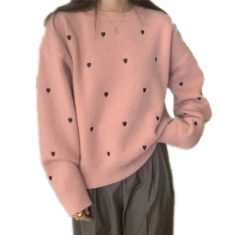 Women's loose acrylic pullover sweater with love embroidery in beige, grey, or pink.