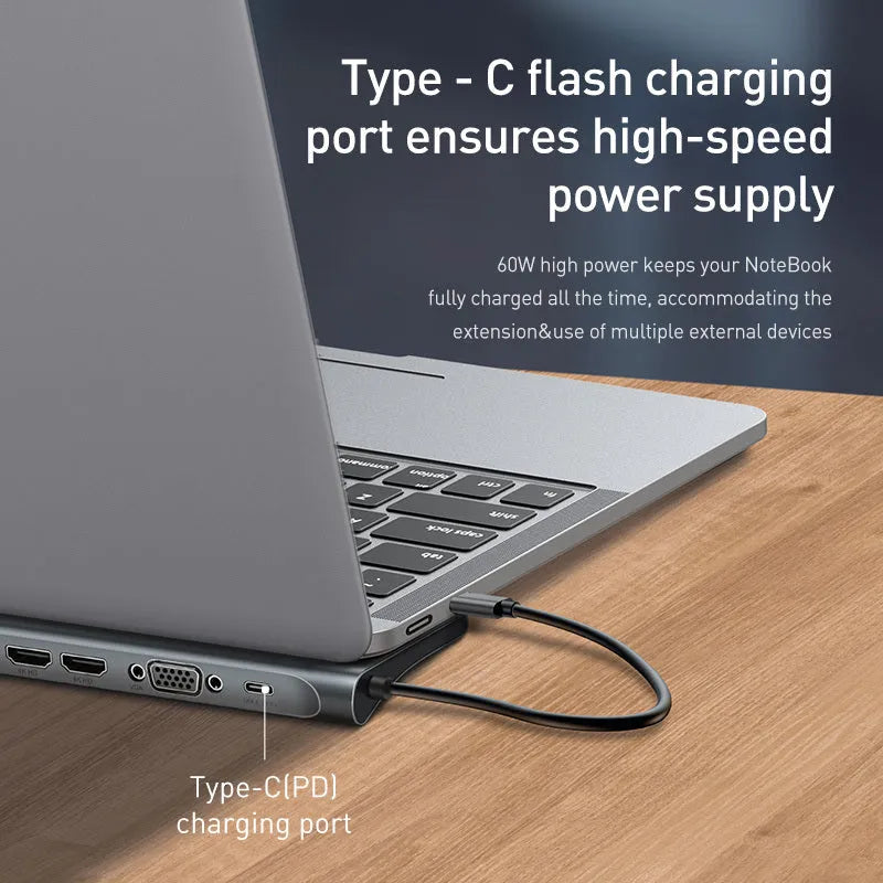 Grey aluminium ten-port USB hub docking station with cooling bracket for HDMI VGA and gigabit ethernet