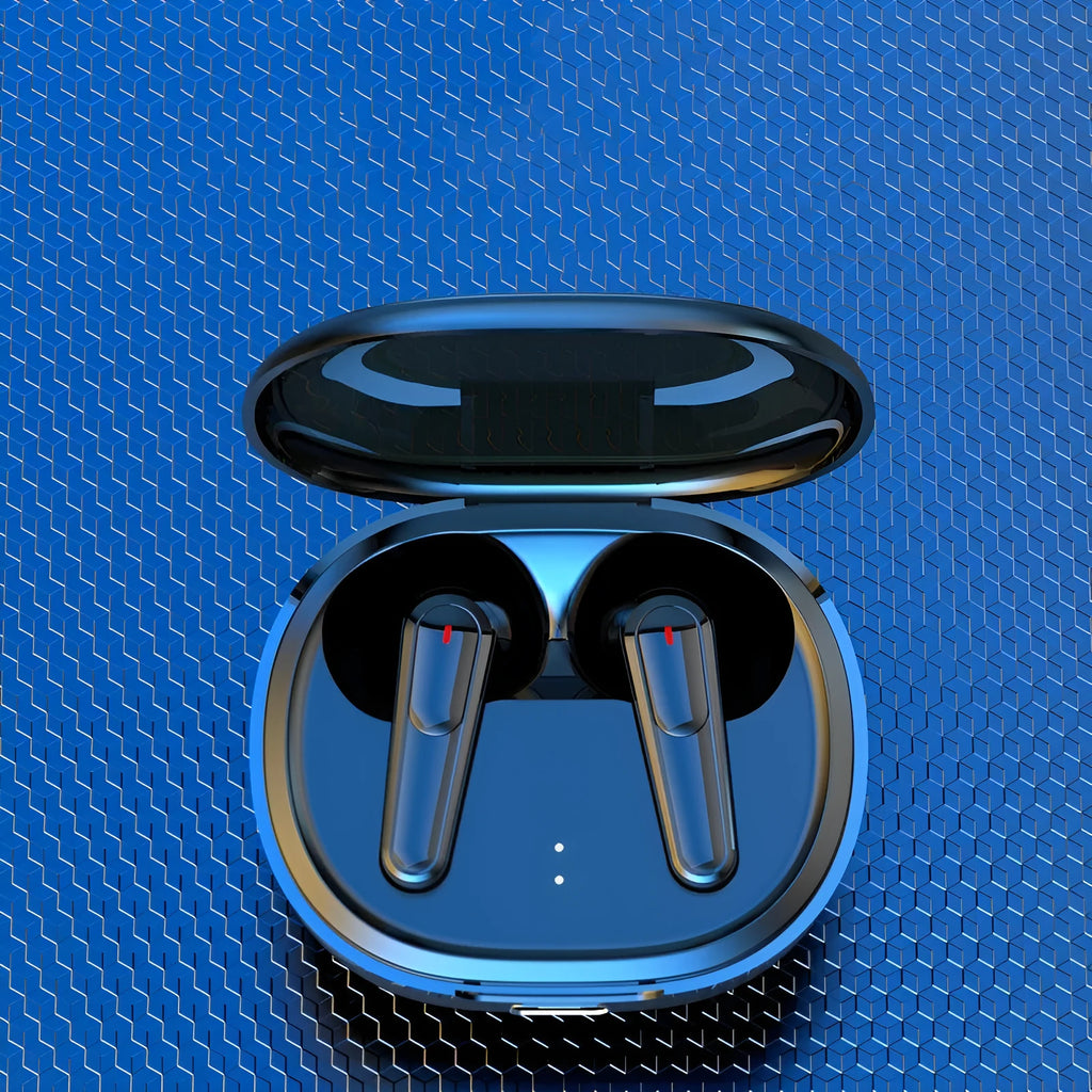 Black PRO30 noise reduction Bluetooth in-ear headphones on a dark background.