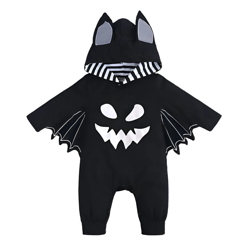 Baby Halloween batwing sleeve cotton jumpsuit with fixed hood, long sleeves, neutral colour, suitable height 60-100cm