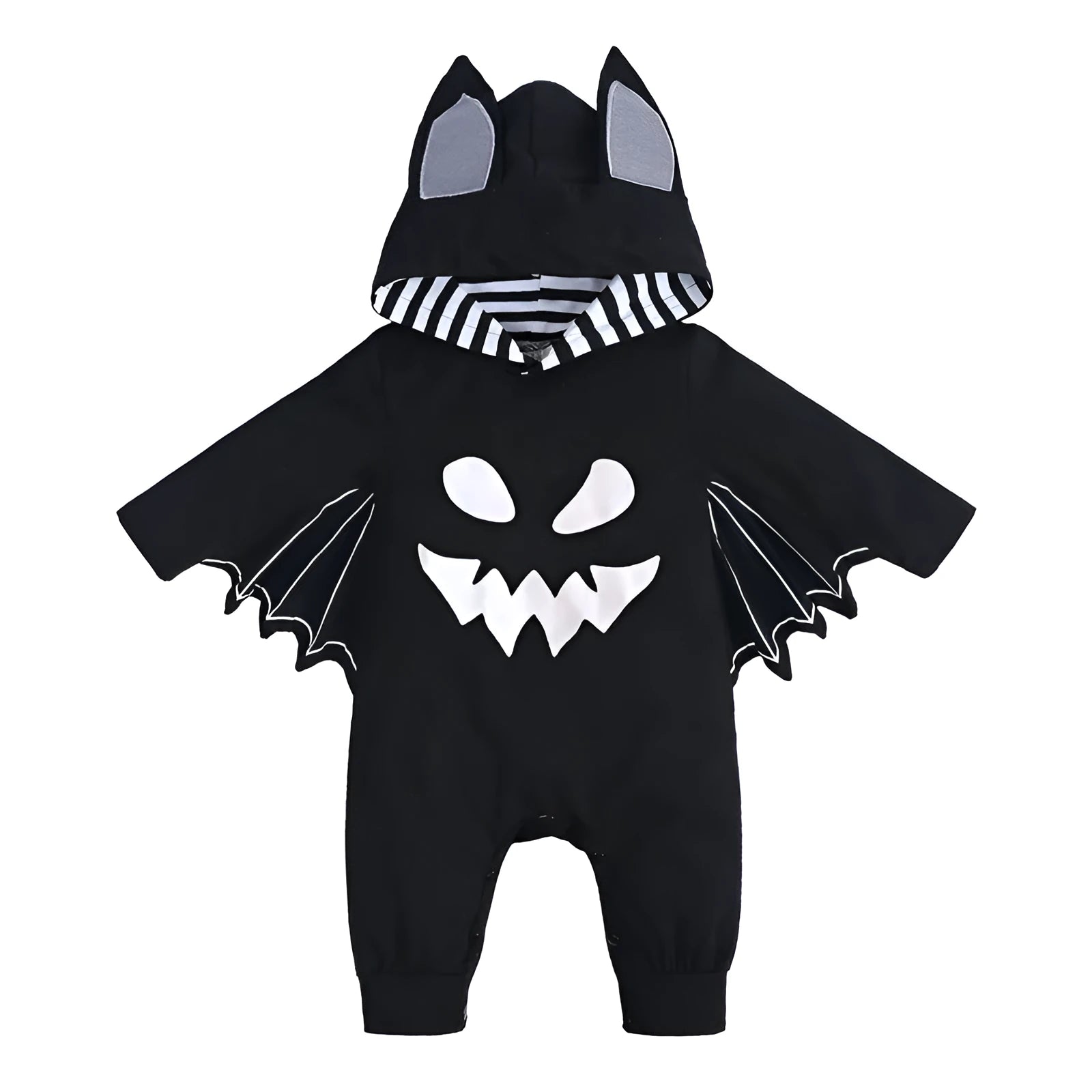 Baby Halloween batwing sleeve cotton jumpsuit with fixed hood, long sleeves, neutral colour, suitable height 60-100cm