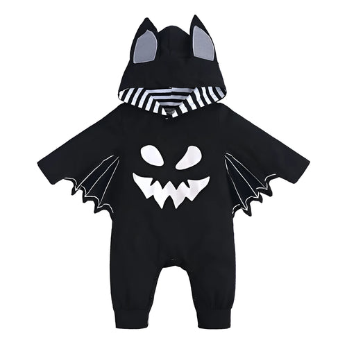 Baby Halloween batwing sleeve cotton jumpsuit with fixed hood, long sleeves, neutral colour, suitable height 60-100cm