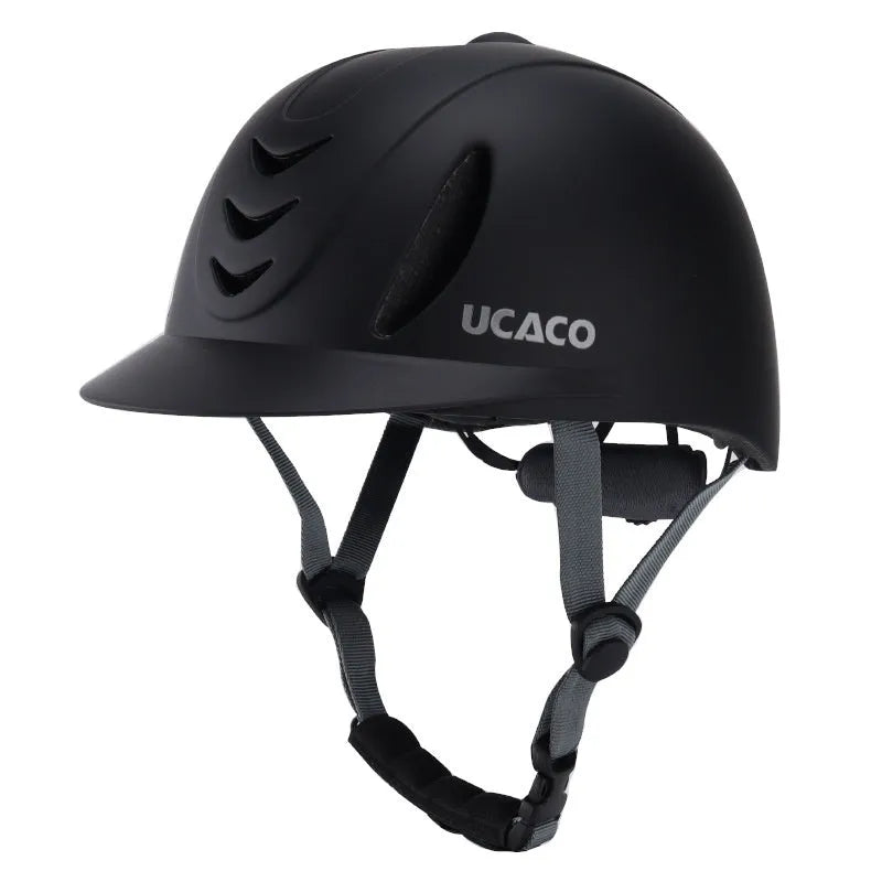 Riding helmet in carbon flower black with PC moulded shell on white background