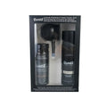 Box containing dense hair fibre powder canister, special applicator nozzle, and shaping spray bottle for hair styling.
