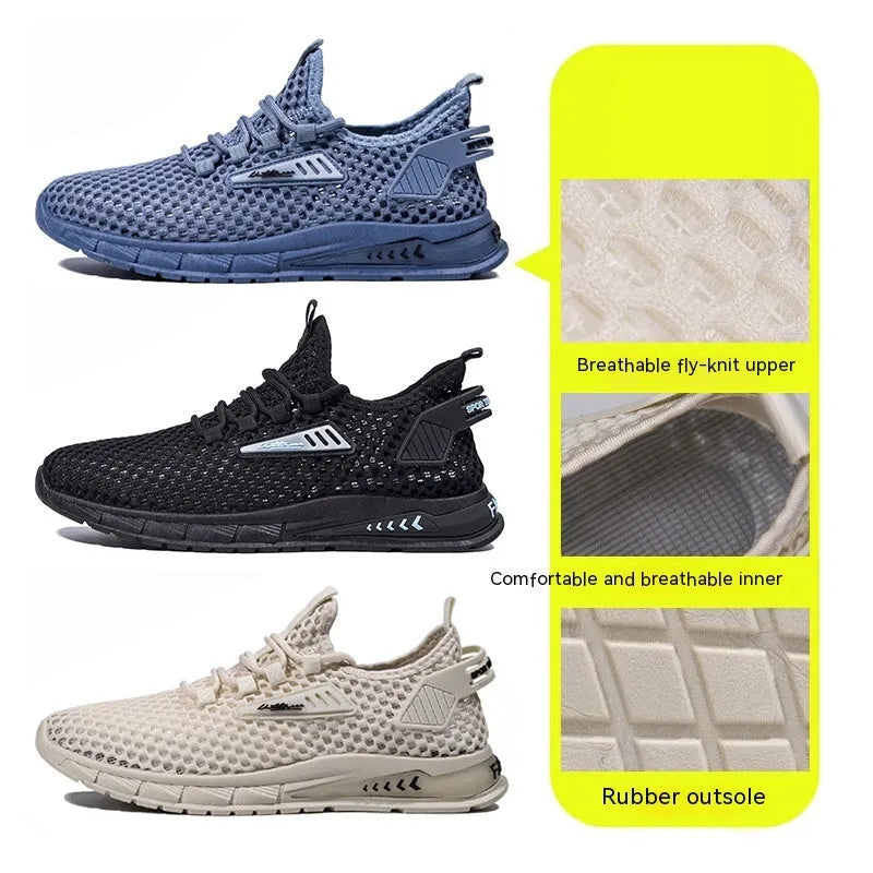 Men's beige casual sneaker with synthetic leather upper, mesh lining, and lace-up front.