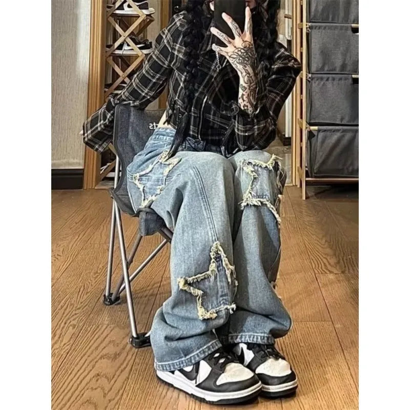 Blue high waist wide leg denim trousers with straight leg design