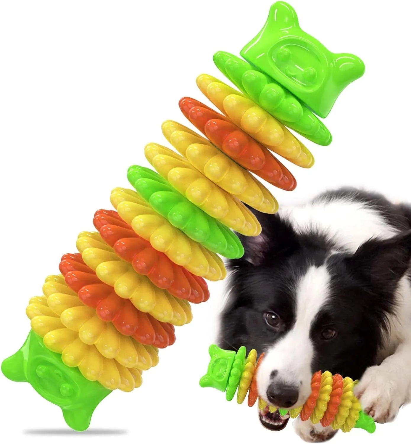 Blue natural rubber caterpillar-shaped dog chew toy measuring 17 cm long