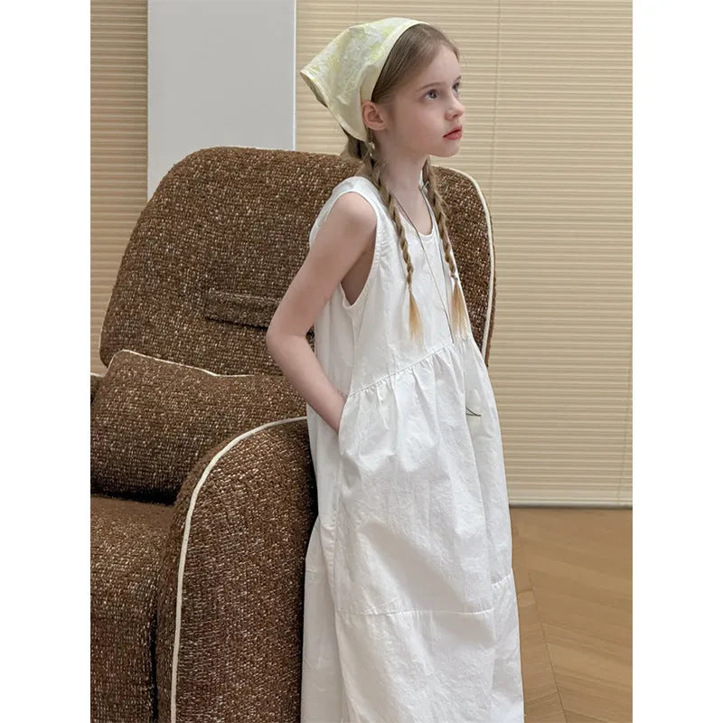New girls white suspender French dress made of cotton with dot pattern for summer