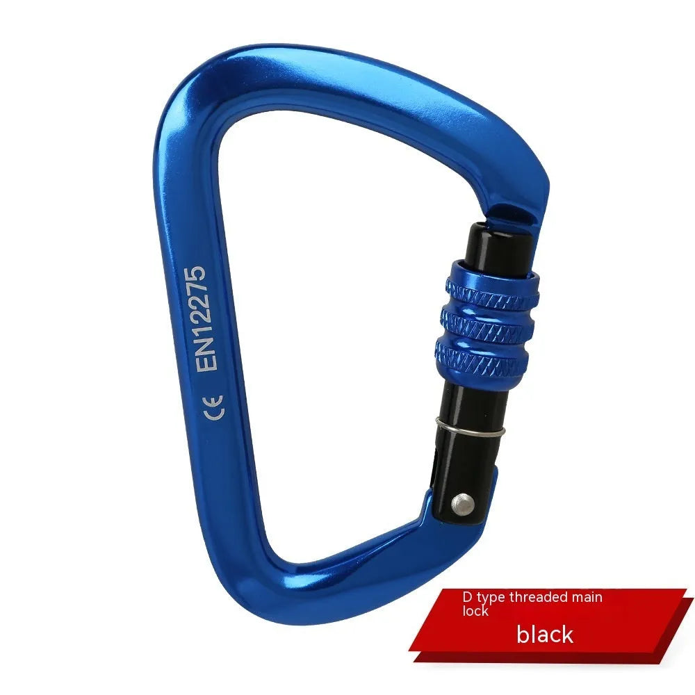 D-shaped climbing carabiner main lock shown in red, with choice of automatic or threaded gate closure.