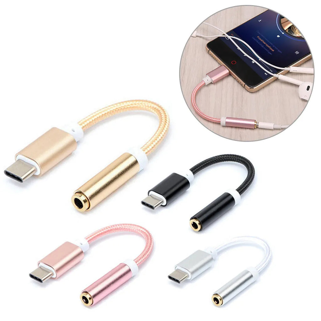 Type-C to 3.5mm headphone adapter cable with nylon braiding in four colour options