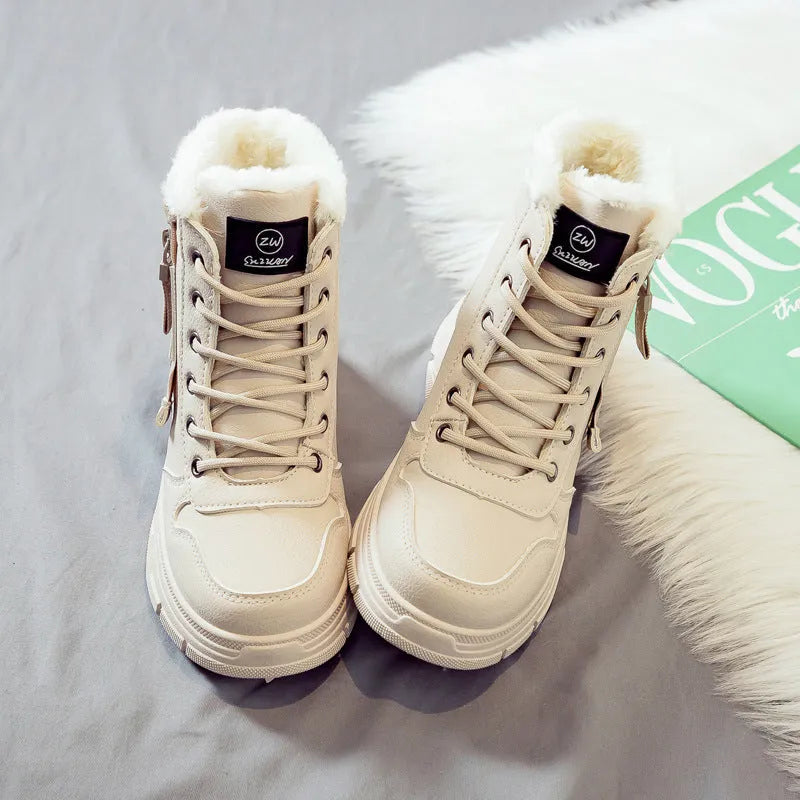 Plus size women's tall snow boots with fleece lining and rubber soles in black, khaki, or white.