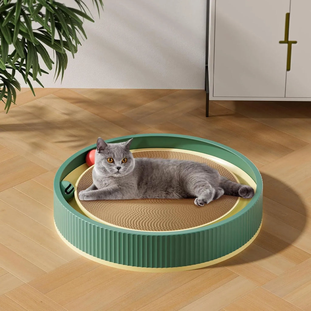 Large circular cat scratching board with green replaceable core and interactive bell toys