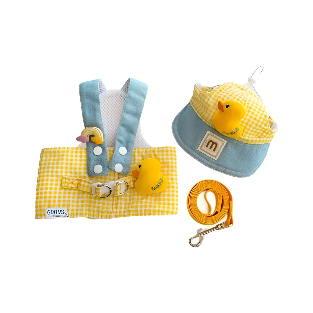 Pet harness and leash set with cat clothes outfit and hat for spring summer outdoor walking