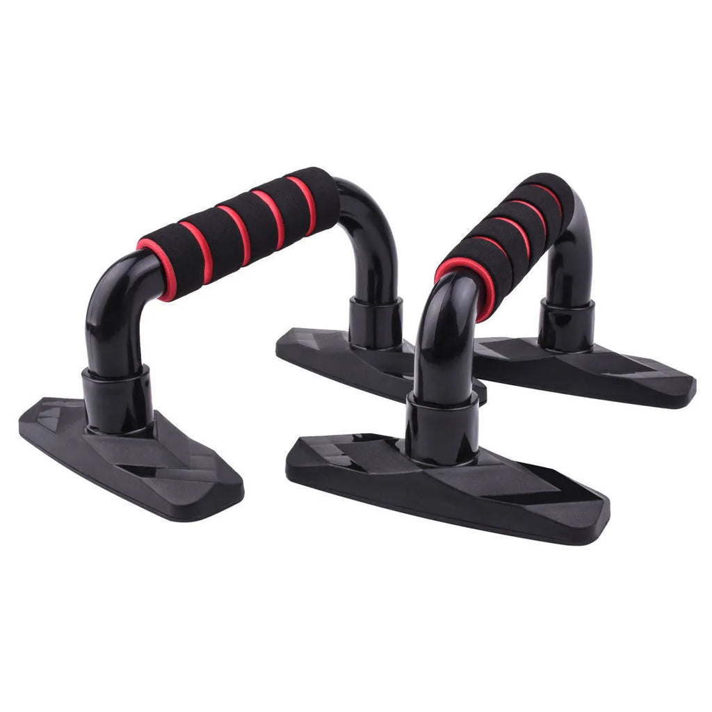 A pair of diamond-shaped push-up bars with blue PP sponge handles on a gym floor.