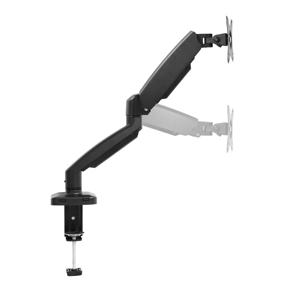 Black rotating telescopic LCD screen bracket on table with adjustable tilt and height