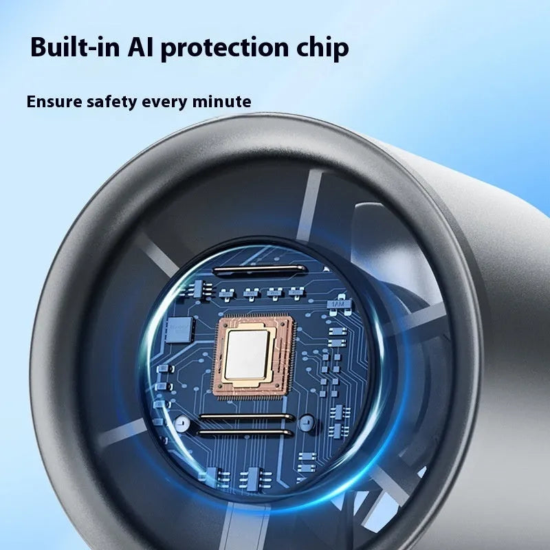 Handheld personal fan showing variable speed control, USB charging port, and plastic blades in one of four colour options