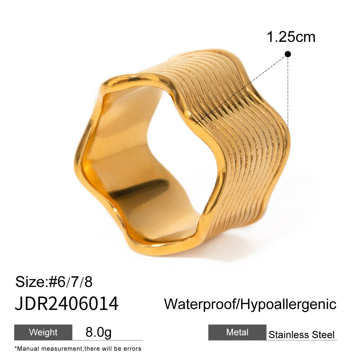 Stainless steel women's ring with a wide geometric wave surface design in a silver or gold finish.