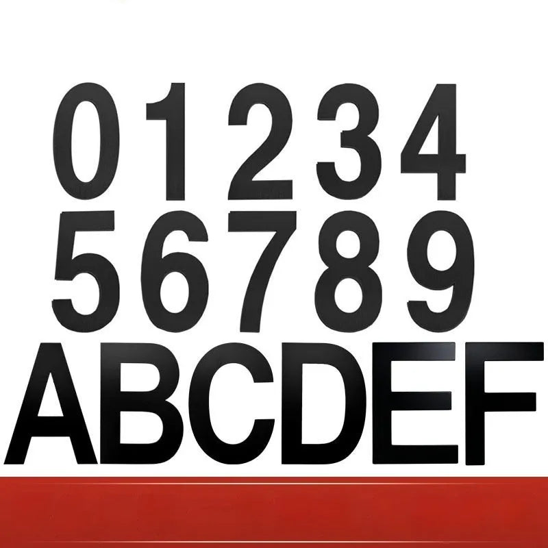 Black stainless steel sticky adhesive house number showing character size of 7.5cm.