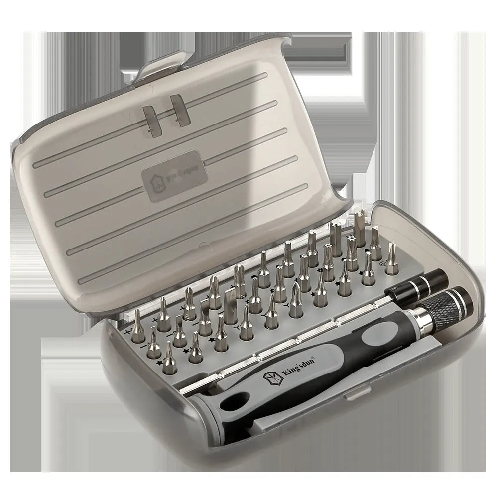 32-in-1 screwdriver set with 30 bits in a black plastic case, showing PH1 cutter head.