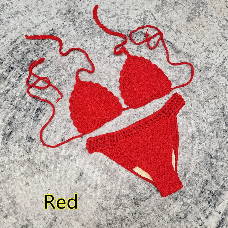 3-piece crochet bikini swimsuit set with matching beach skirt in solid colour