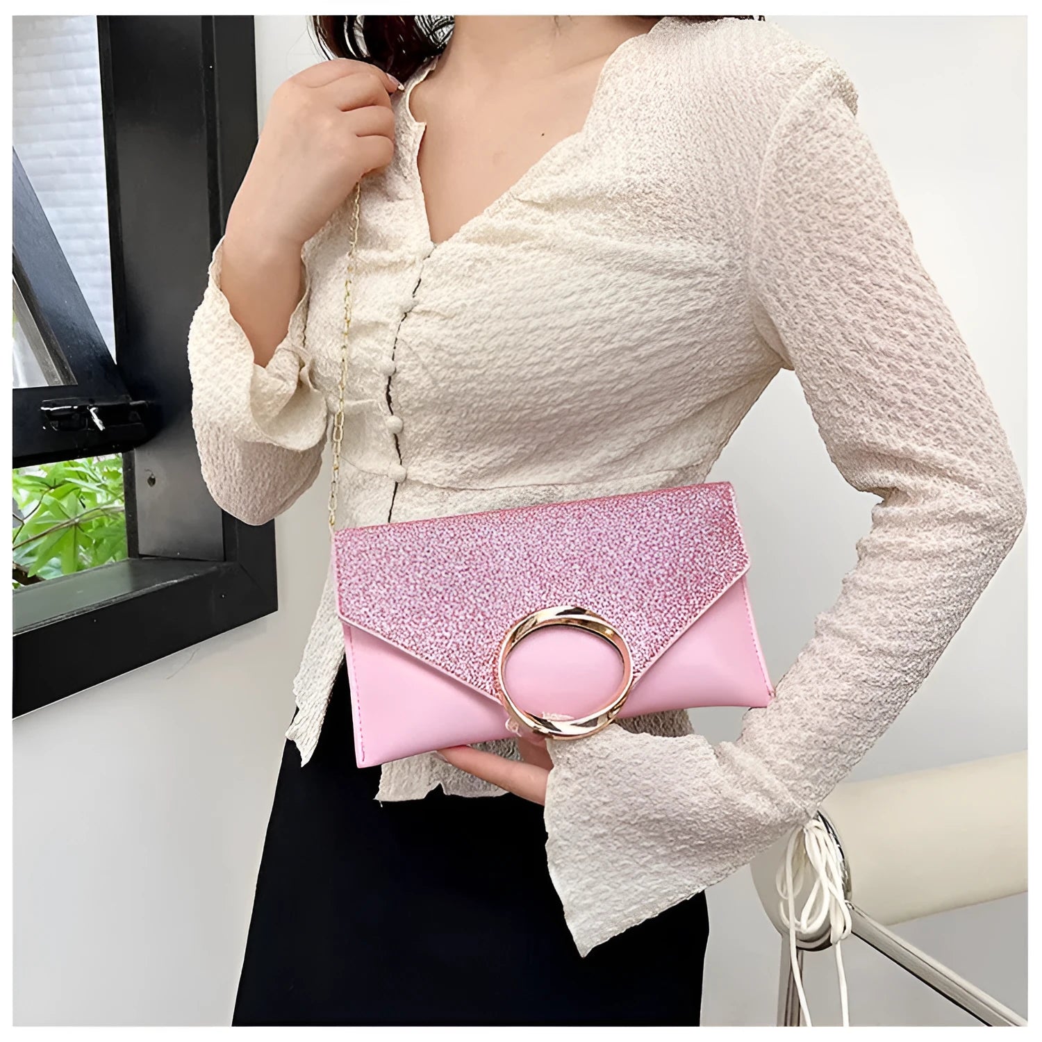 Women's crossbody shoulder bag in PU with sequins, horizontal rectangular shape, available in Black, Pink, and Silver