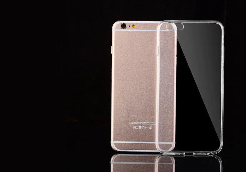 Transparent TPU phone case for iPhone showing clear back and side cutouts