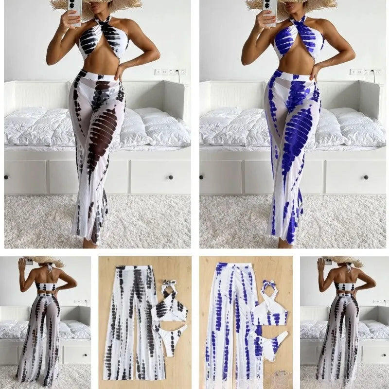 Women's black print three-piece bikini set with mesh trousers, top, and underpants on a mannequin.