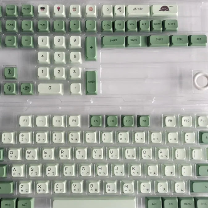124 Key Matcha green PBT sublimation keycap set for mechanical keyboards laid out flat.