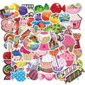 Assortment of colourful candy graffiti and cartoon stickers from a 50-piece pack on a white background.