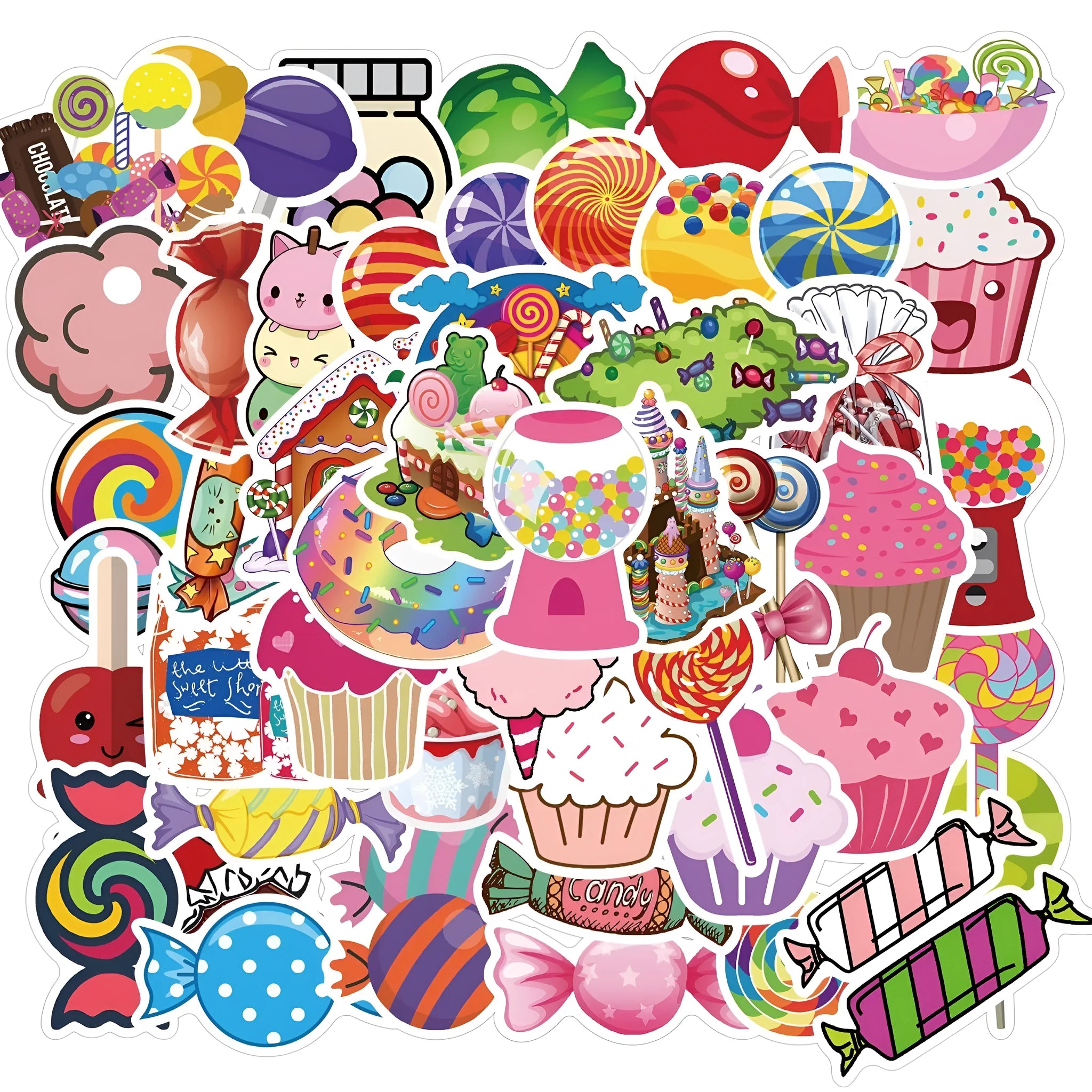 Assortment of colourful candy graffiti and cartoon stickers from a 50-piece pack on a white background.