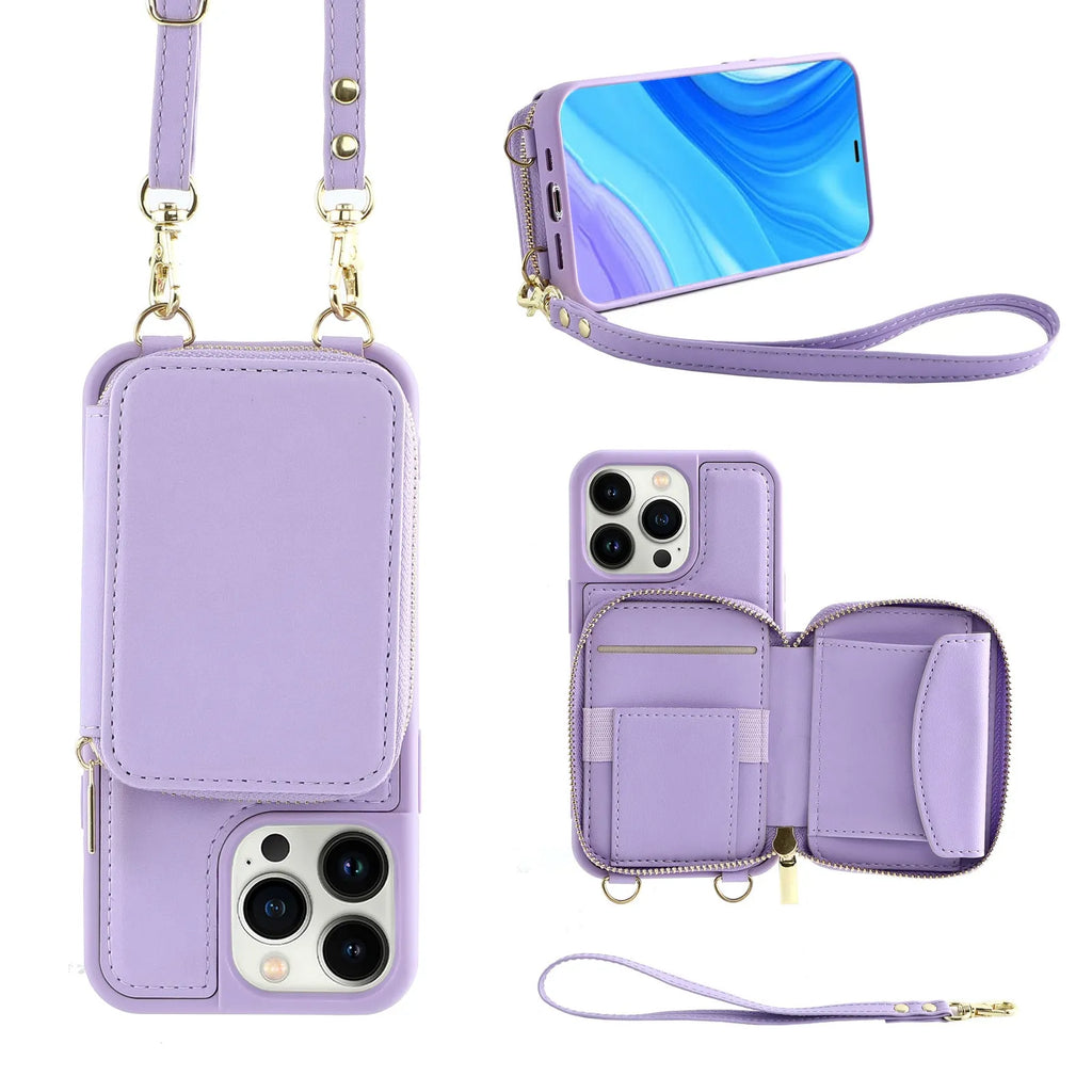 Crossbody wallet phone case for iPhone 14 Pro with black imitation leather, zippered card compartment, and detachable lanyard