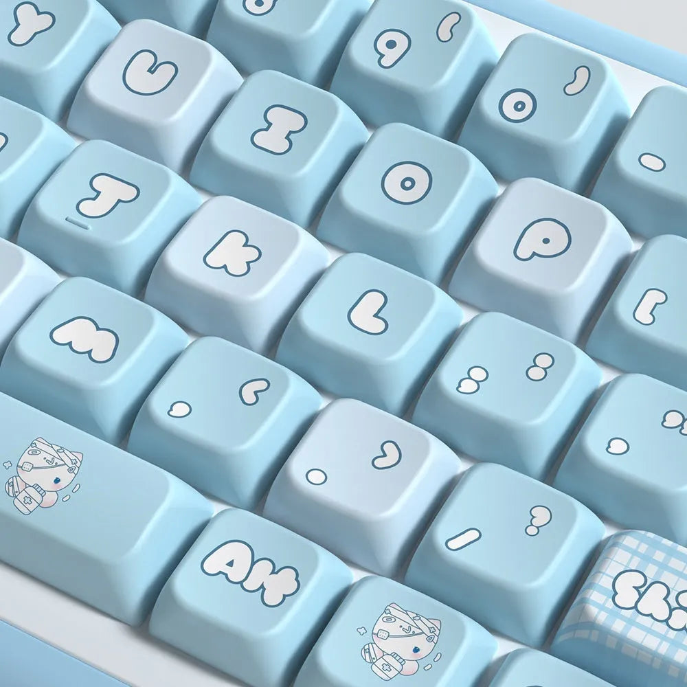 Watercolour kitten design custom PBT keycap set for mechanical keyboards, showing 138-key and 158-key options.