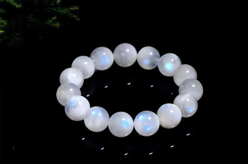 Natural blue moonlight round bead moonstone bracelet with polished white geometric beads