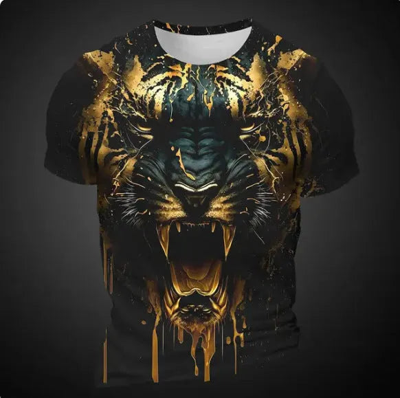 Man wearing a black T-shirt with a detailed 3D tiger graphic print on the chest.