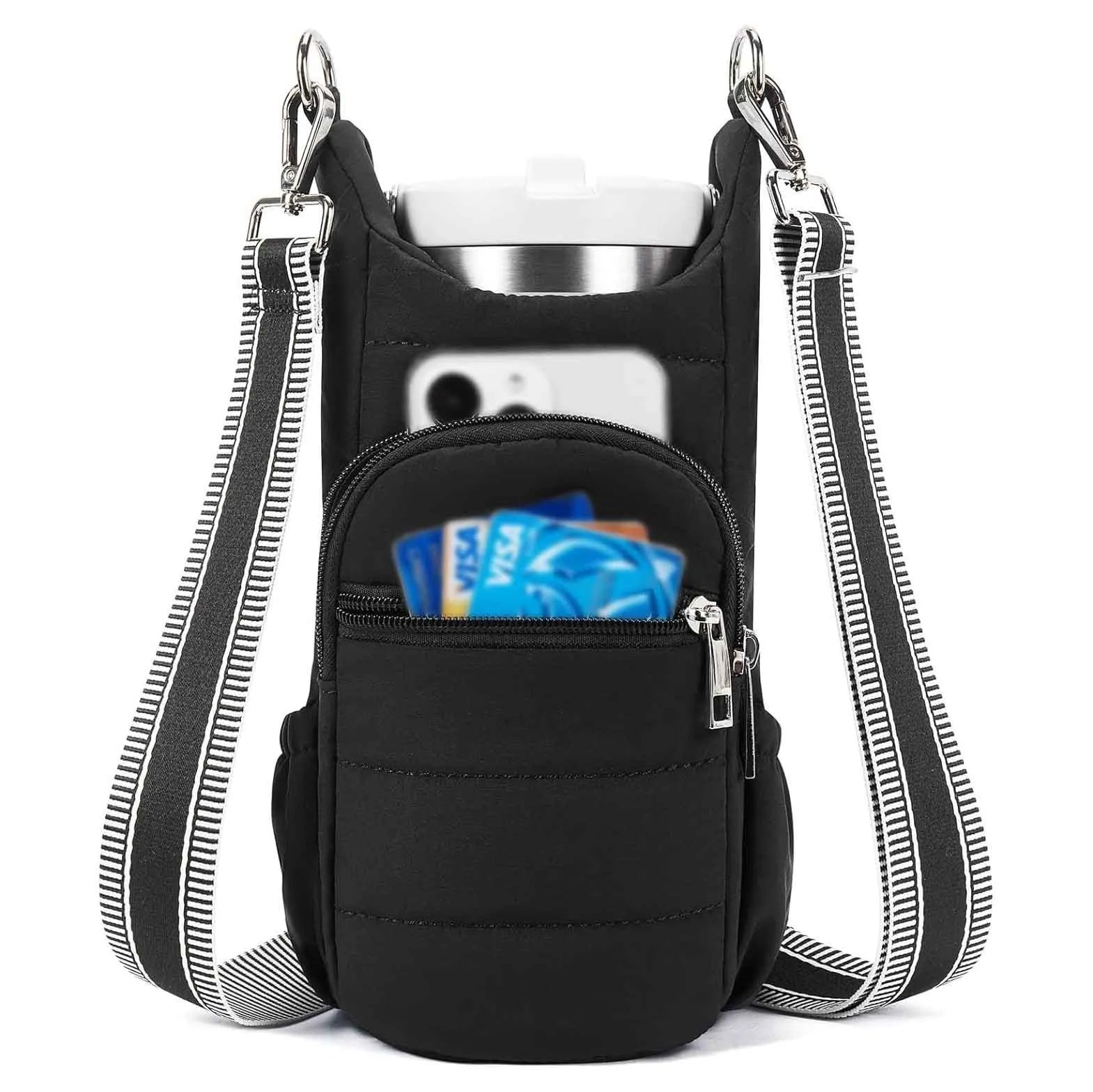 Water bottle kettle bag designed for bicycle mounting in black, pink, or beige cloth construction